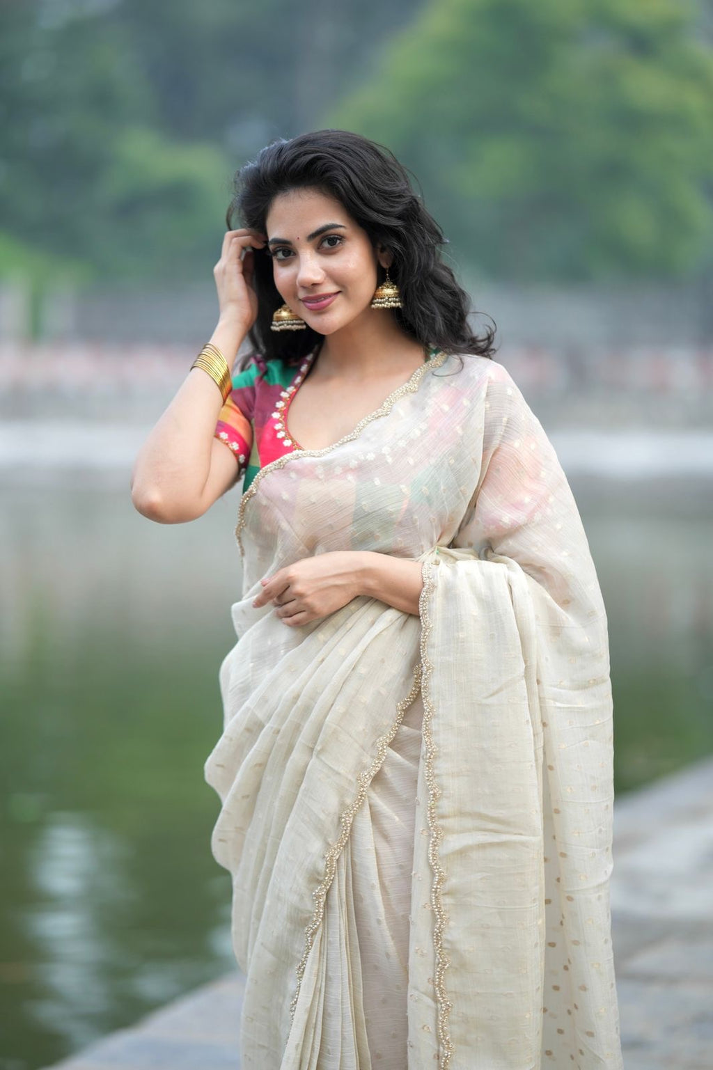 Beige georgette tissue saree with multi hand work blouse