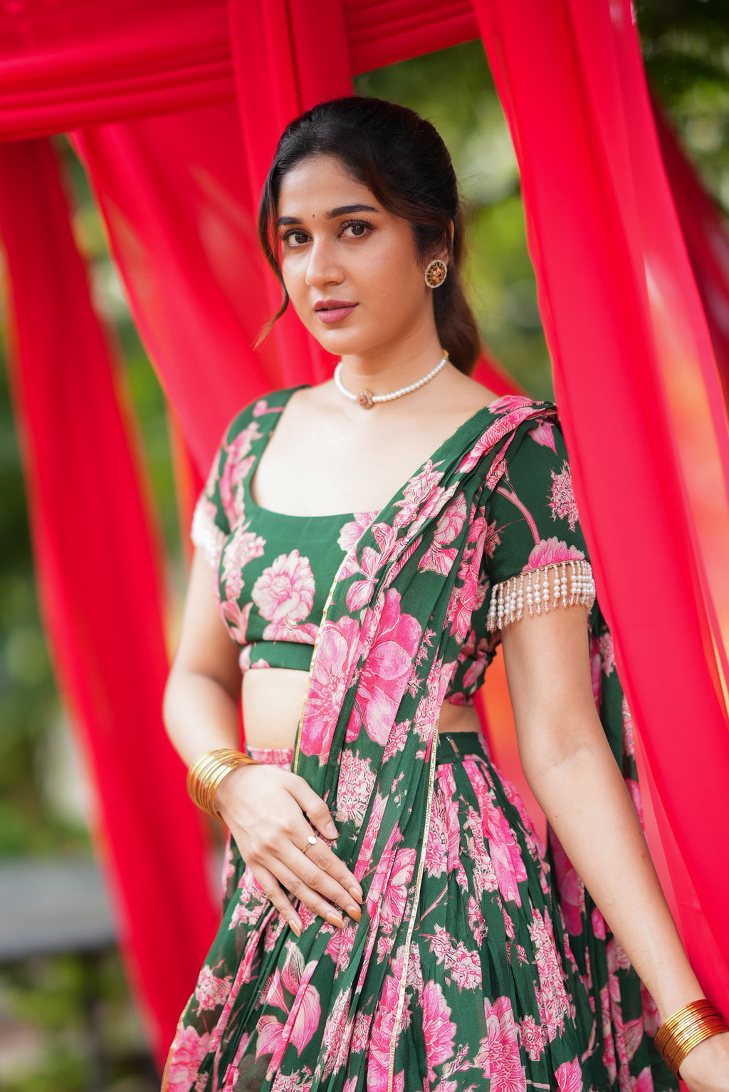 Green floral georgette handwork lehenga