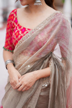 Grey tissue saree with red banarasi blouse