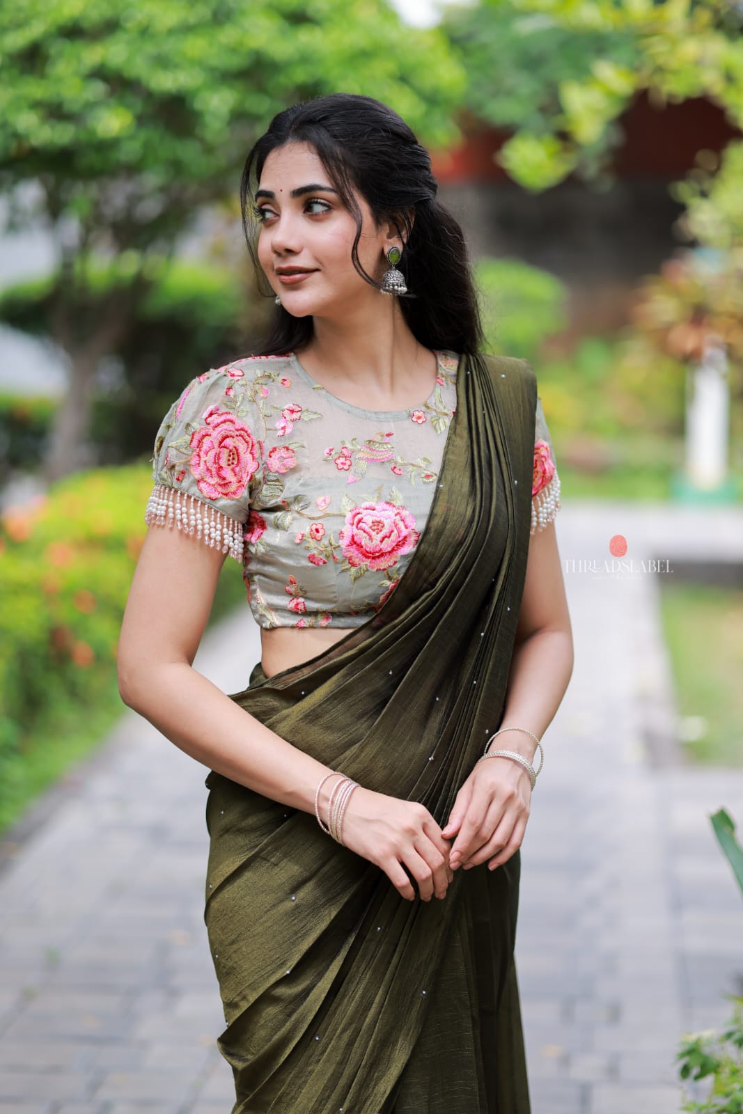 Bottle green Marble Saree with Handwork Blouse