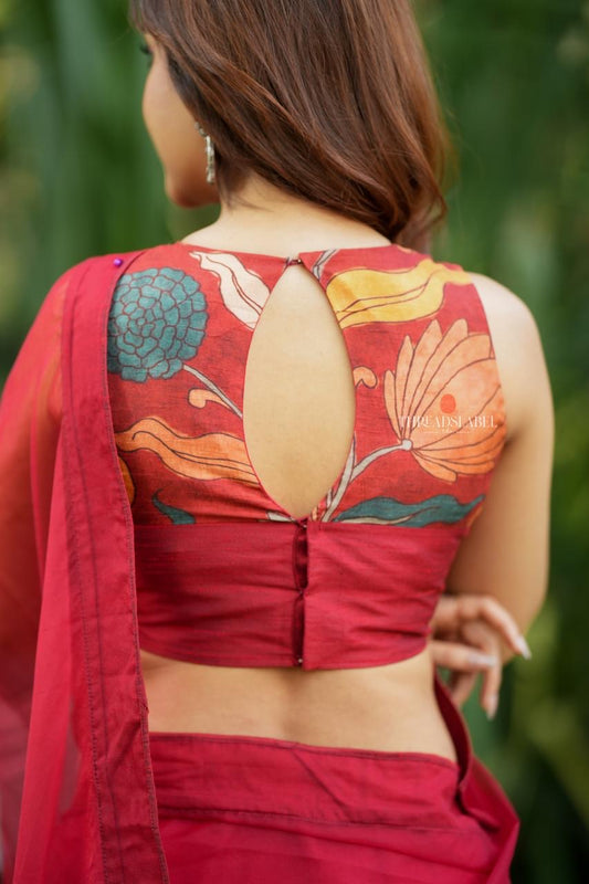 Maroon soft organza saree with kalamkari blouse