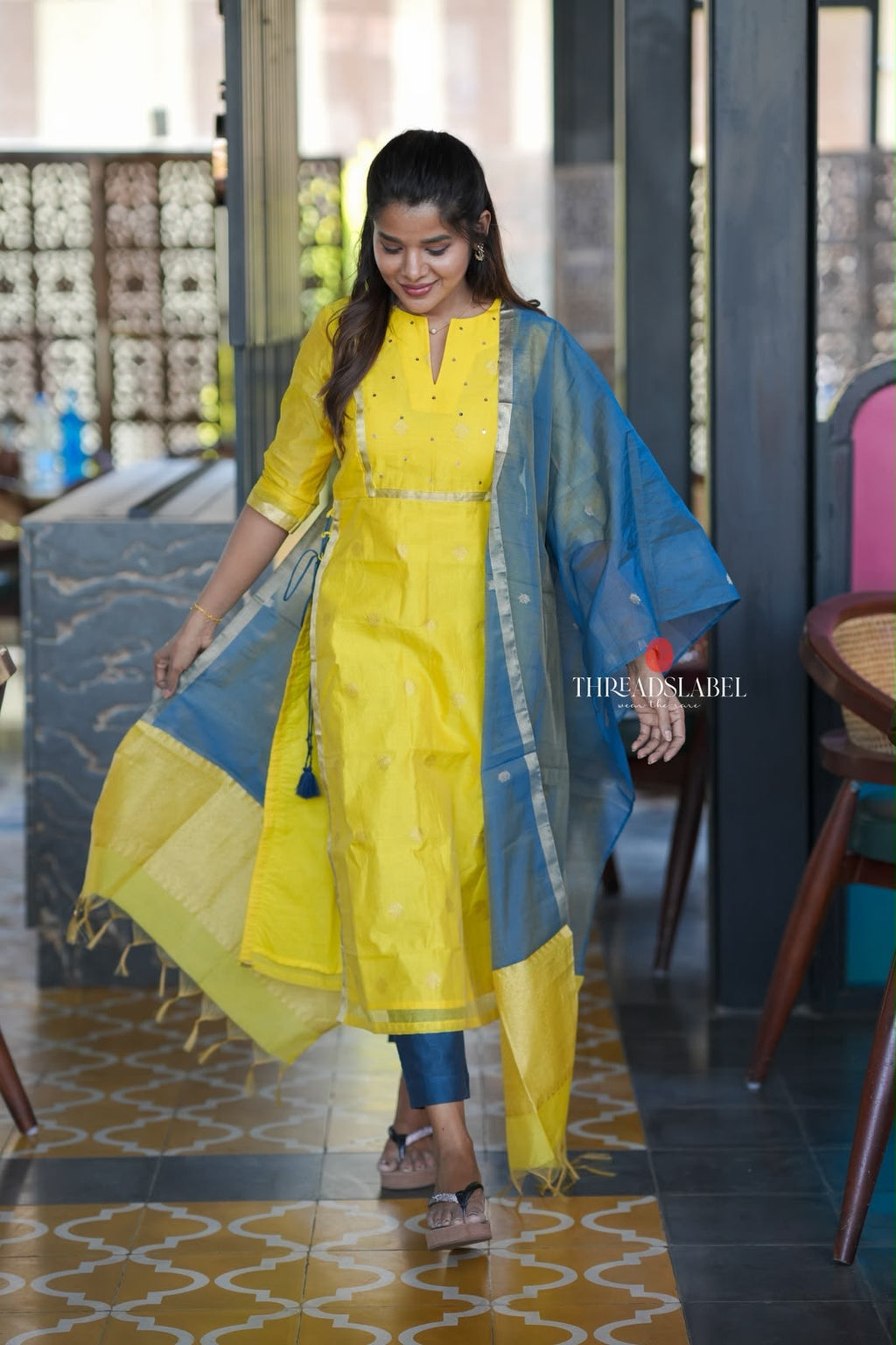 Yellow & blue chanderi 3 piece kurti