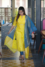 Yellow & blue chanderi 3 piece kurti