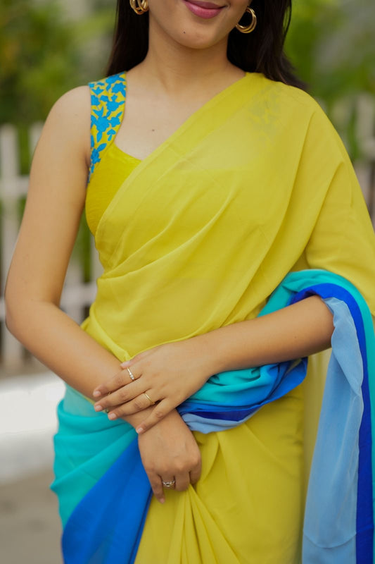 Multi georgette saree with yellow hand made blouse