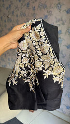 Golden cream tissue saree with black hand work blouse