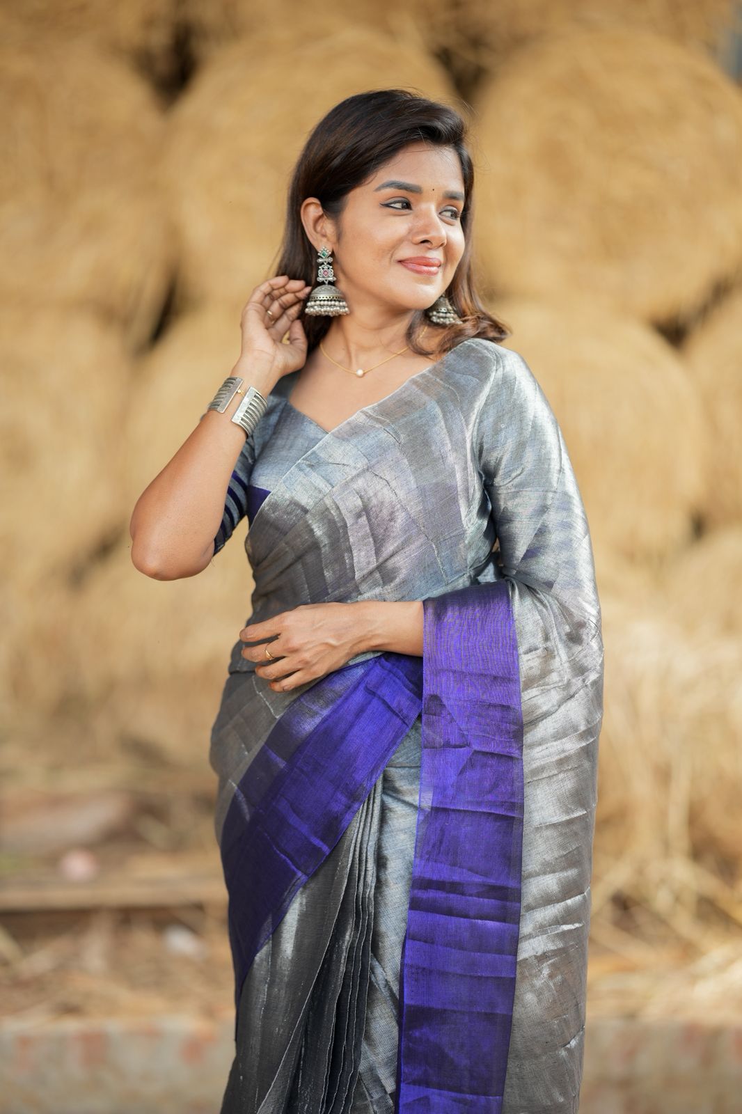 Silver grey blue soft tissue saree with handwork blouse
