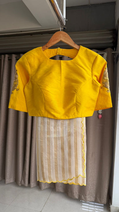 Yellow & cream stripped tissue saree with bird work blouse