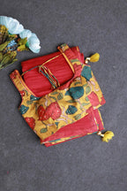 Red chanderi cotton saree with kalamkari handwork blouse