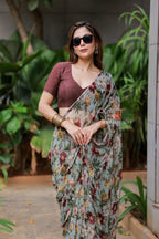 Sage green floral chiffon saree with hand work blouse