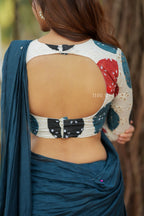 Blue mul chanderi saree with embroidery ajrak blouse