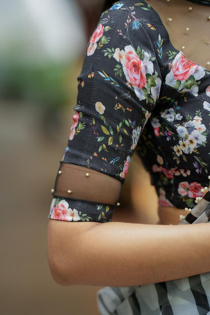 Black & white stripe organza saree with hand work blouse