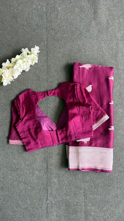 Wine malai silk saree with zari work blouse