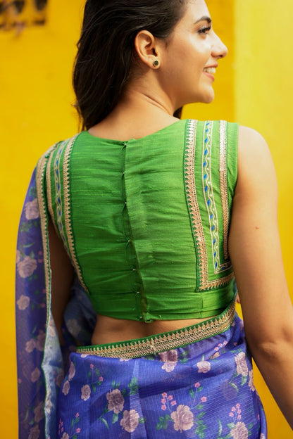 Blue kota saree with green hand work blouse