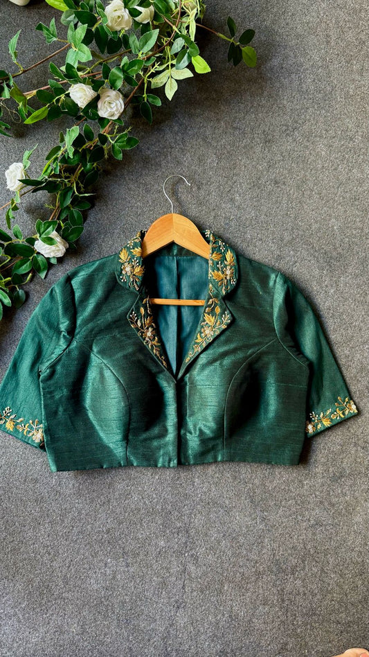 Green silk collar hand worked blouse