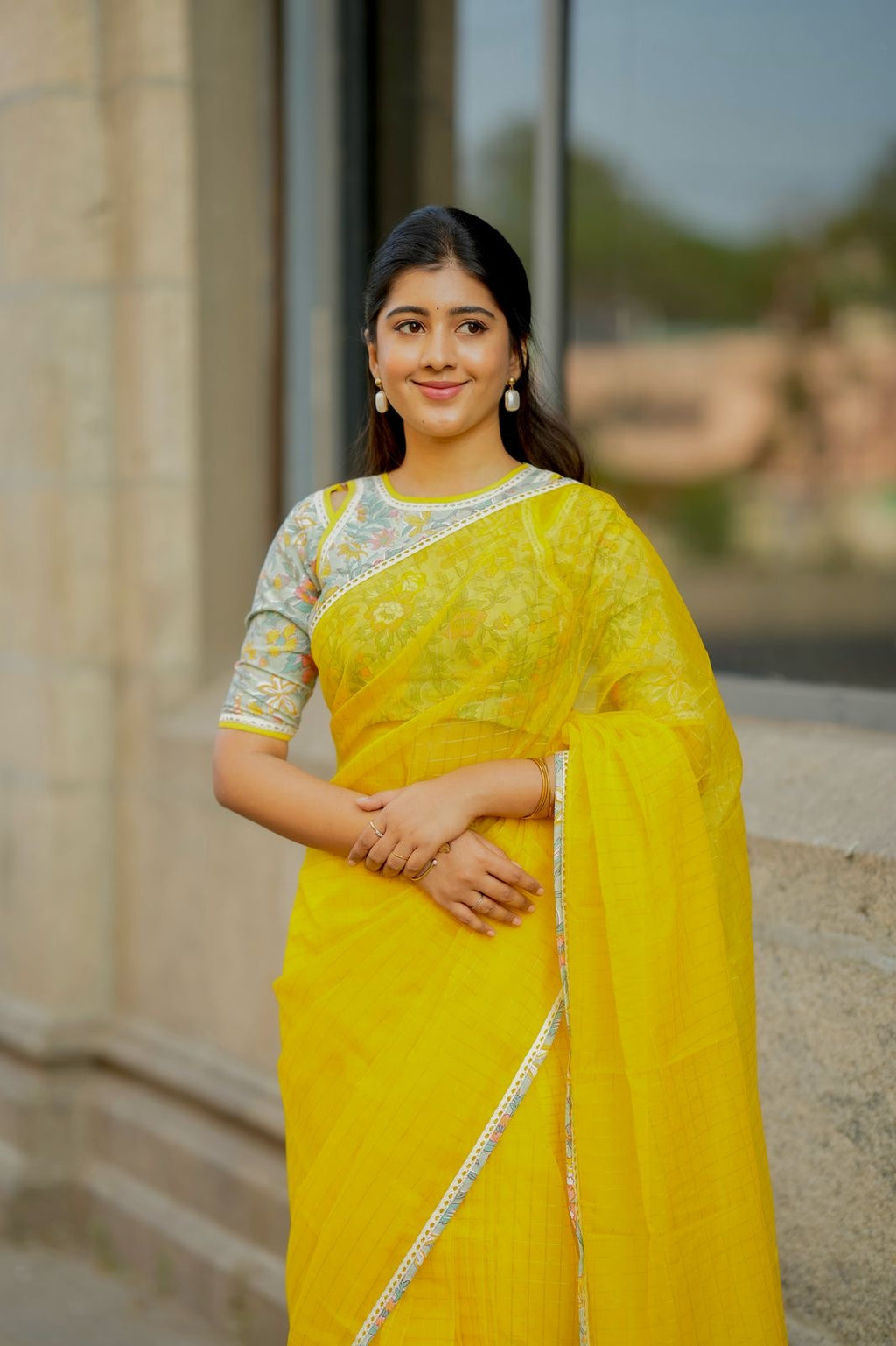 Yellow checked organza with floral cotton blouse