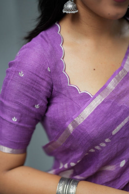 Purple linen floral saree with hand work blouse