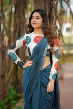 Blue mul chanderi saree with embroidery ajrak blouse