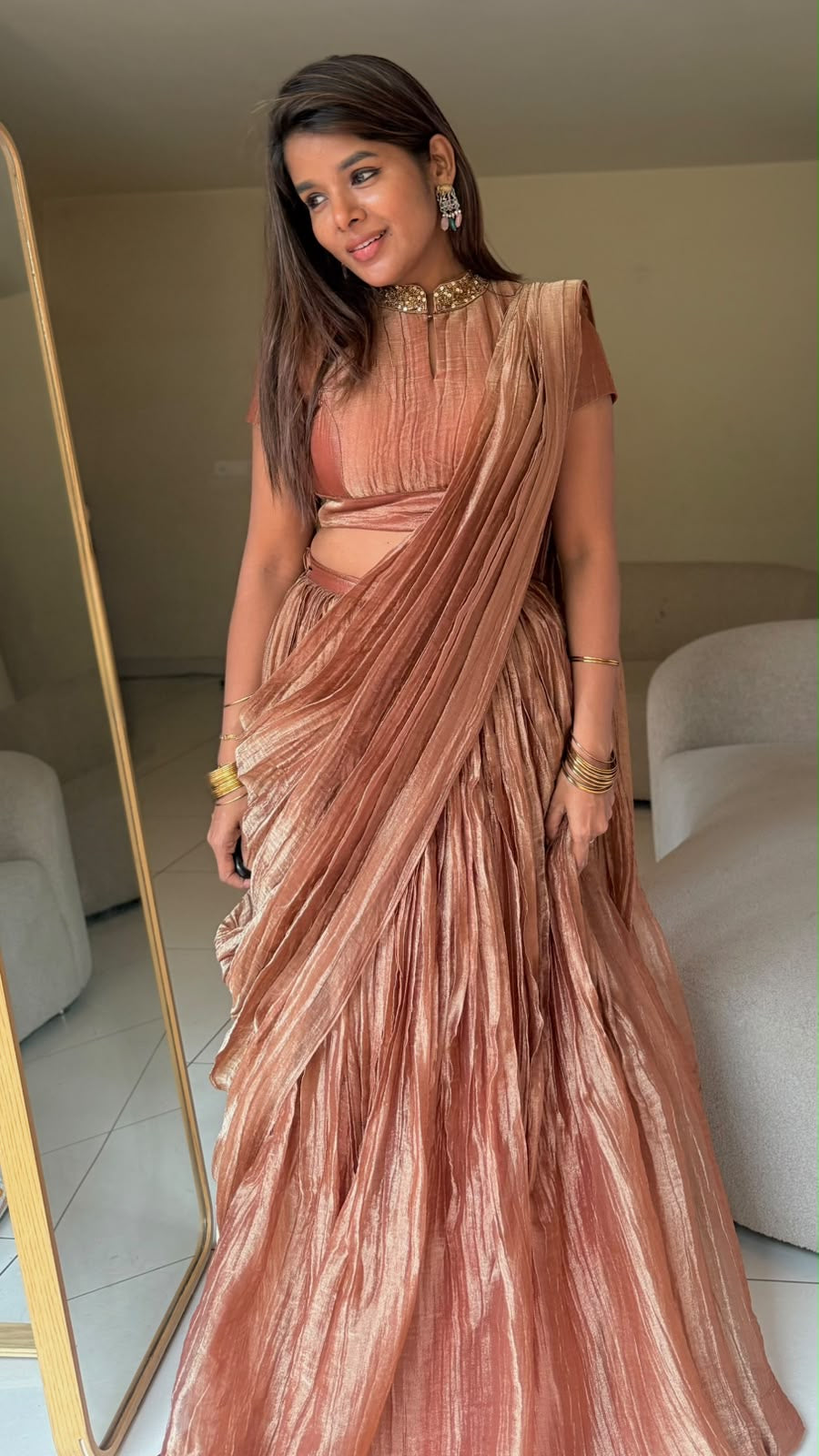 Copper tissue hand work lehenga