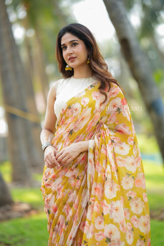 Fenugreek pure chiffon floral saree (only saree)