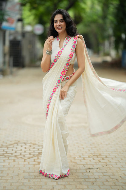 Cream cotton kota saree with embroidery work blouse