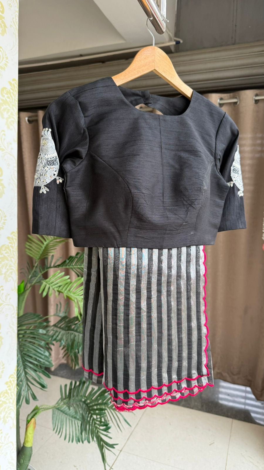 Black & silver stripped tissue saree with bird work blouse