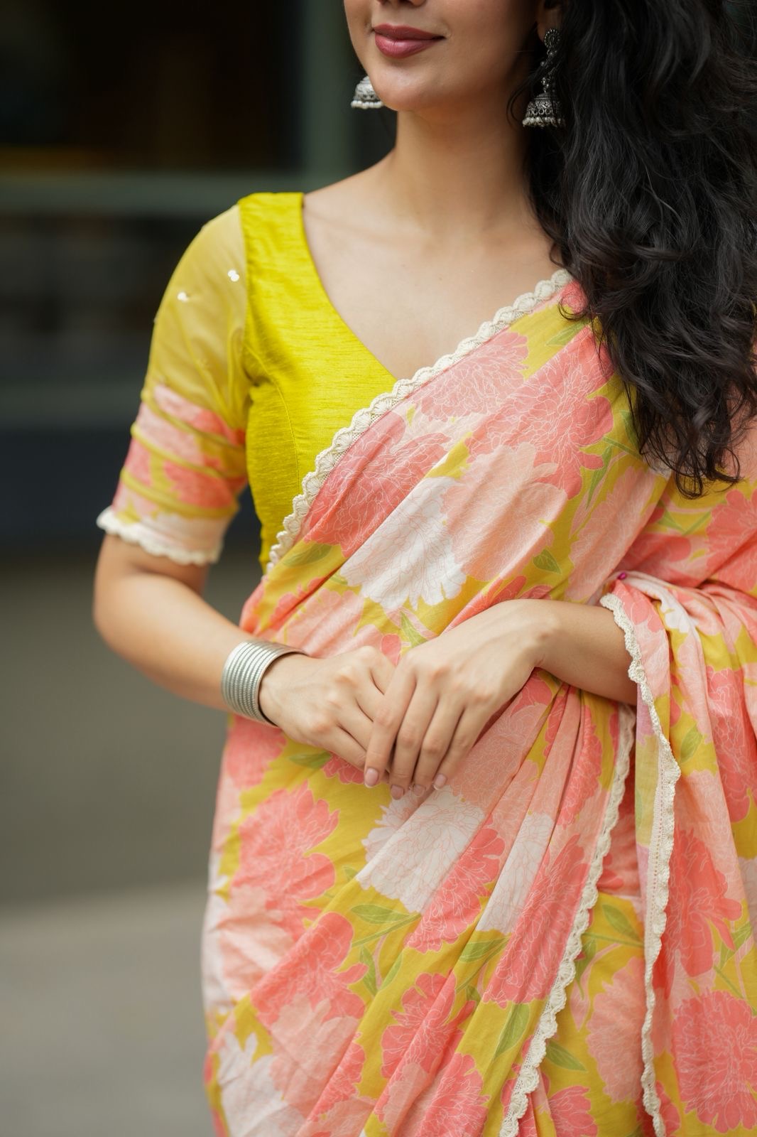 Lime yellow silk & netted hand work blouse (only blouse)