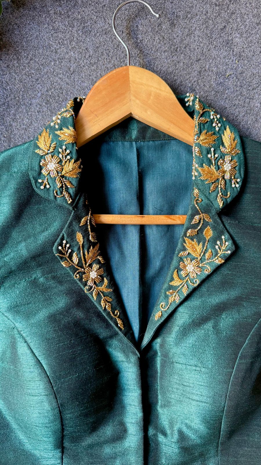 Green silk collar hand worked blouse