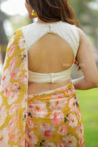 Fenugreek chiffon floral saree with linen mirror blouse
