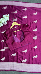 Wine malai silk saree with zari work blouse