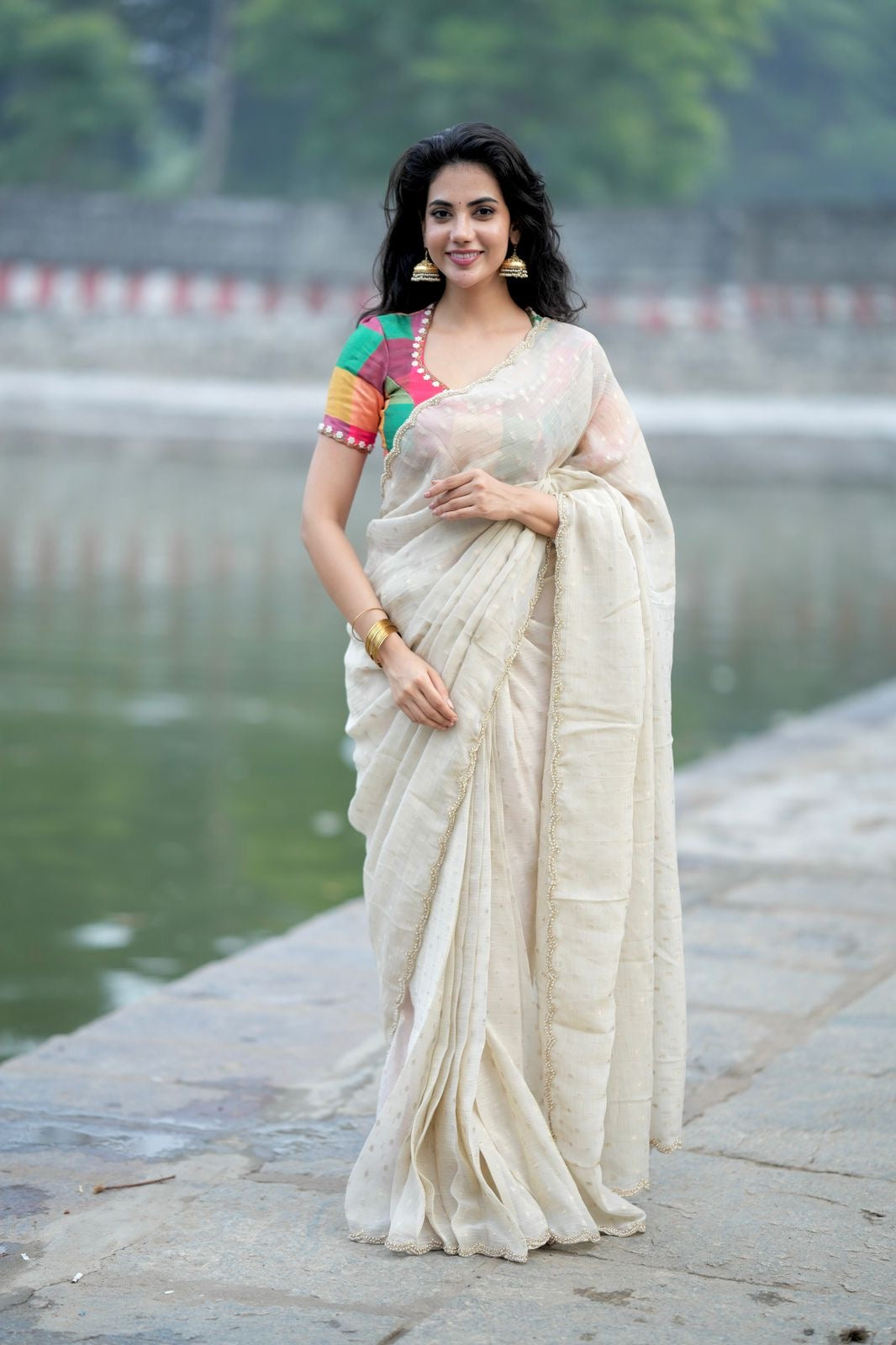 Beige georgette tissue saree with multi hand work blouse