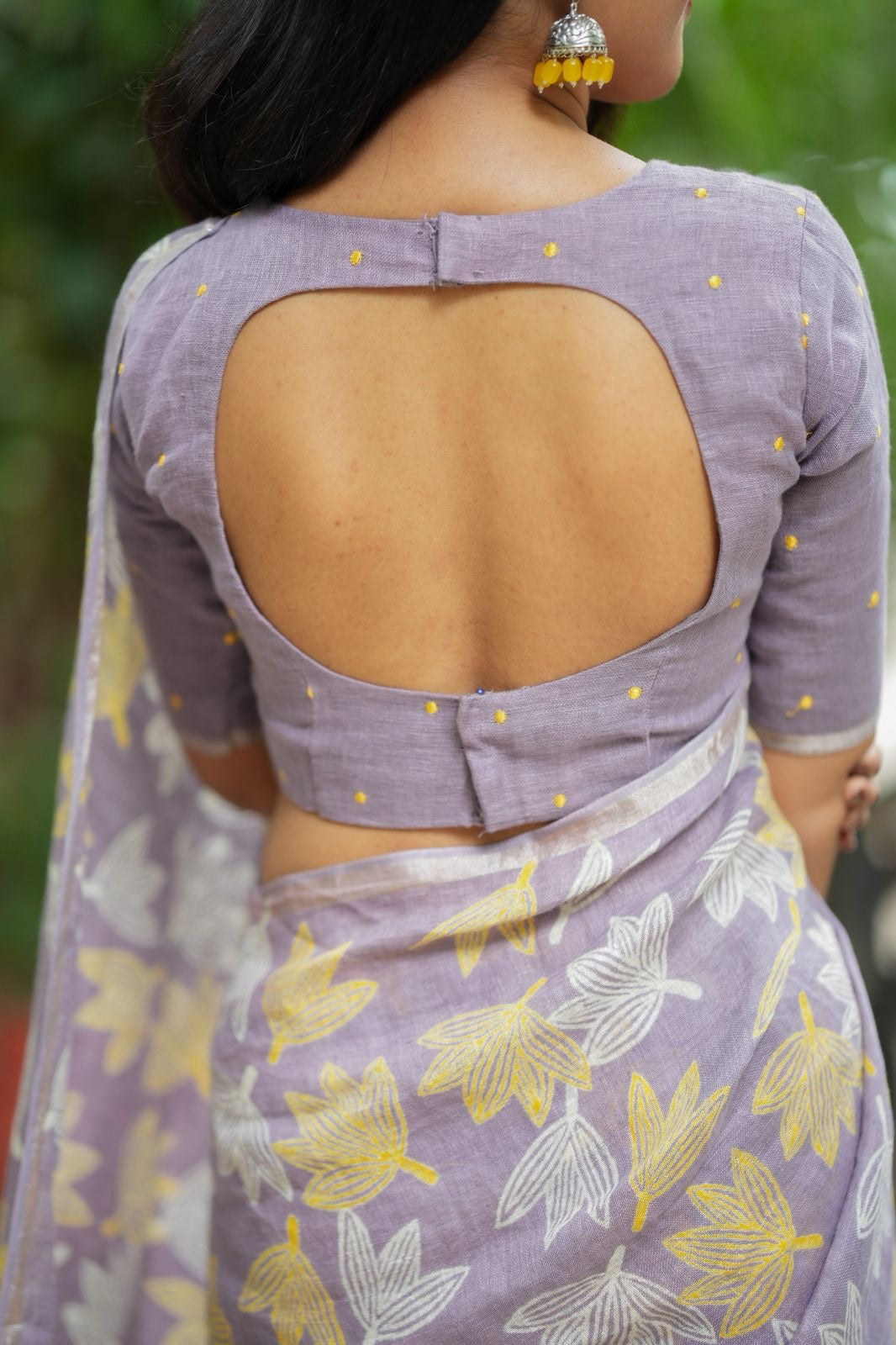Lavender linen floral saree with hand work blouse