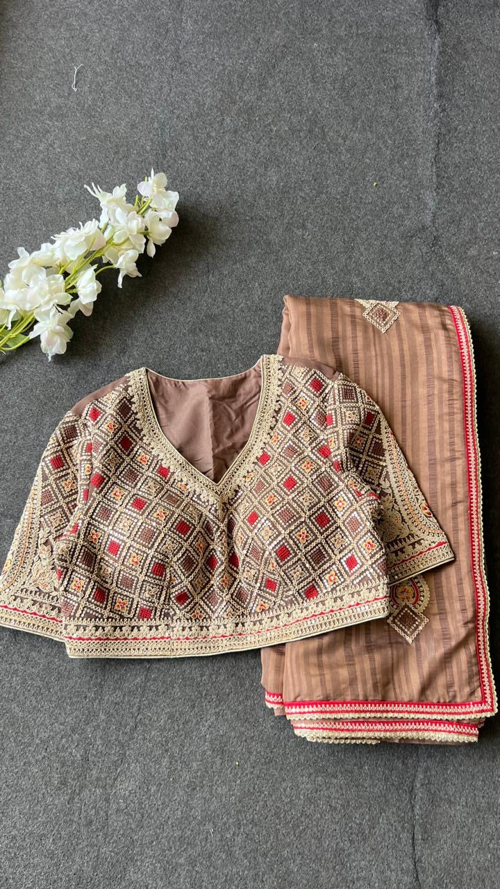 Caramel muslin silk embroidery saree with blouse