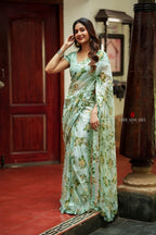 Sea green viscose jute floral saree (only saree)