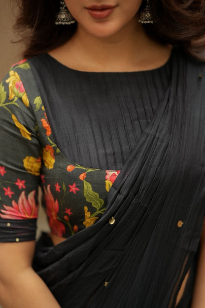 Black chanderi cotton floral print blouse (only blouse)