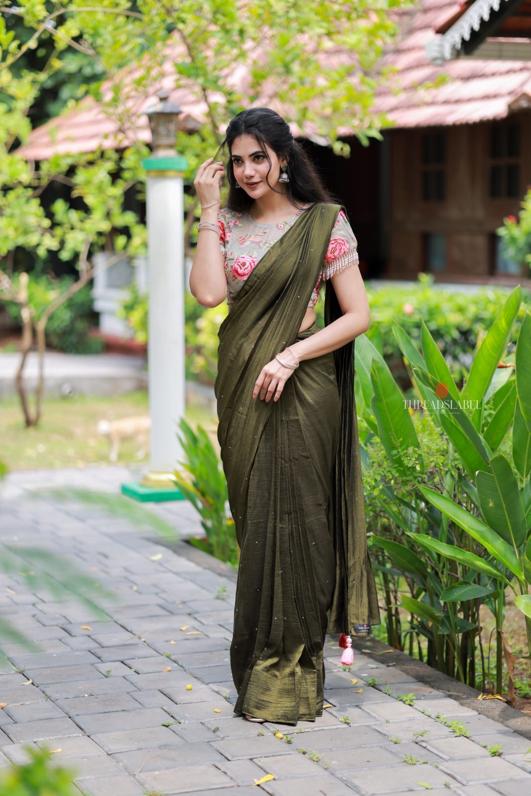 Bottle green Marble Saree with Handwork Blouse
