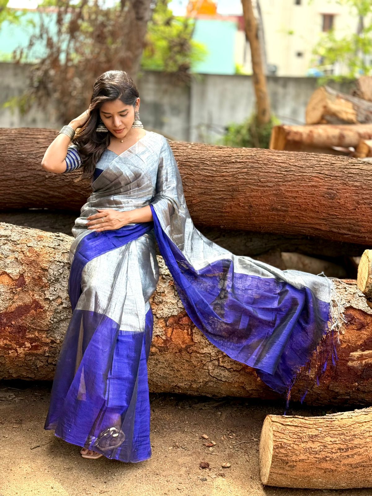 Silver grey blue soft tissue saree with handwork blouse