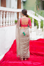 Grey tissue saree with red banarasi blouse