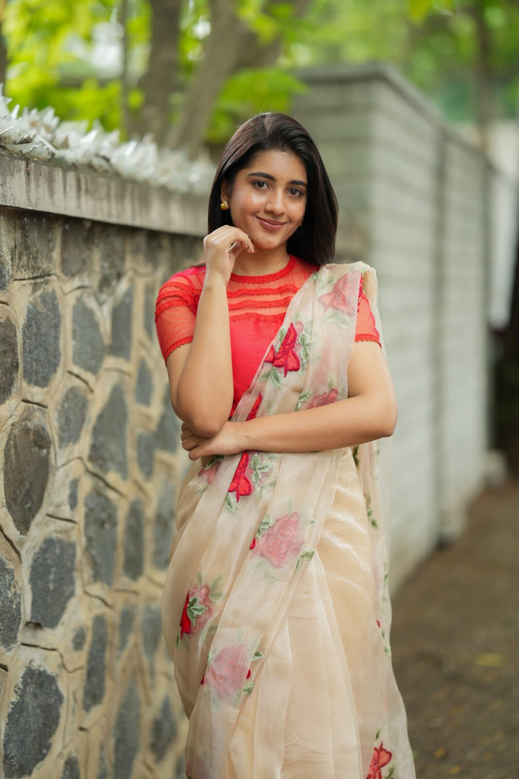 Glossy organza saree with red embroidery blouse