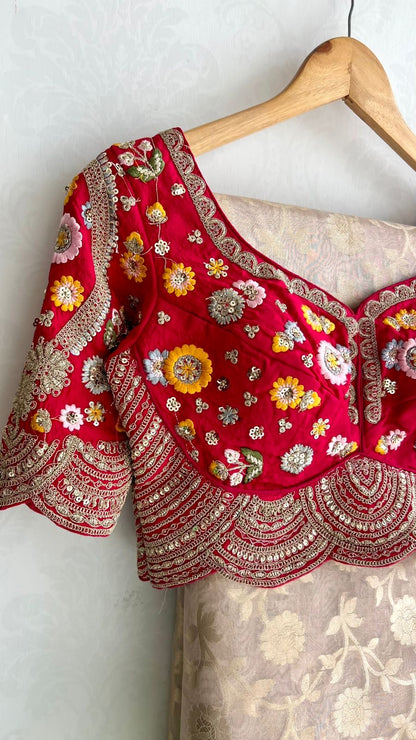 Half white banarasi saree with deep pink silk hand embroidery blouse