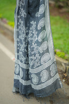 Grey linen floral printed designer saree