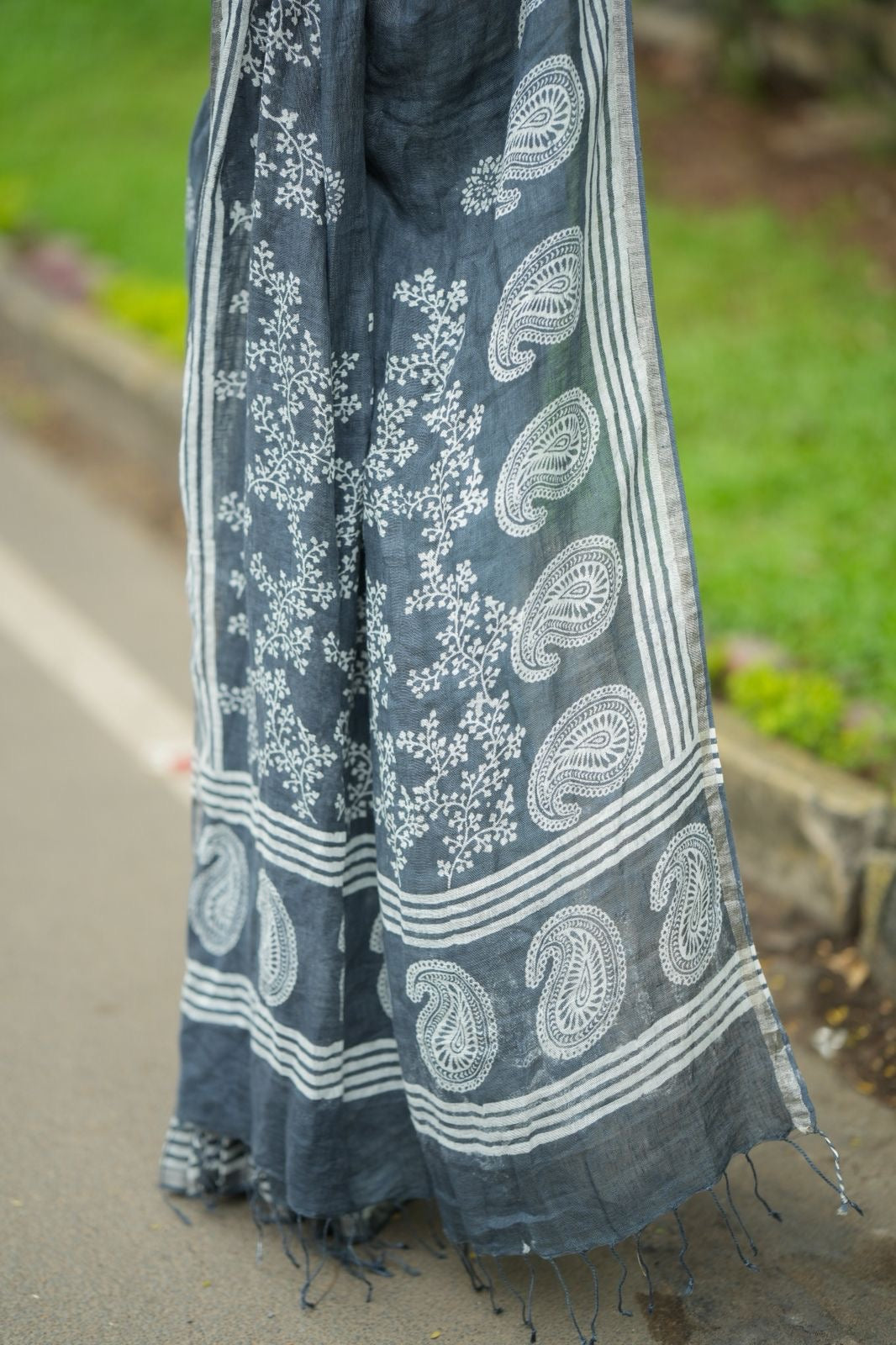Grey linen floral printed designer saree