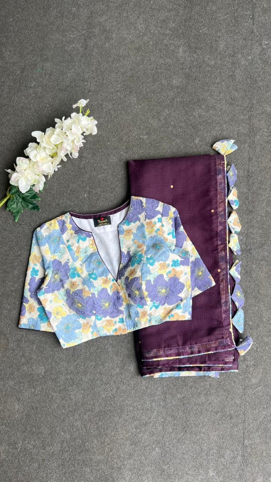 Wine kota saree with lilliac cotton blouse