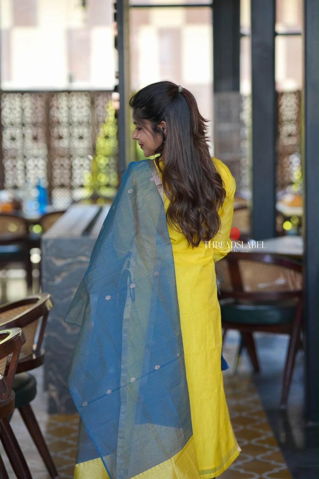 Yellow & blue chanderi 3 piece kurti