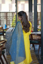 Yellow & blue chanderi 3 piece kurti