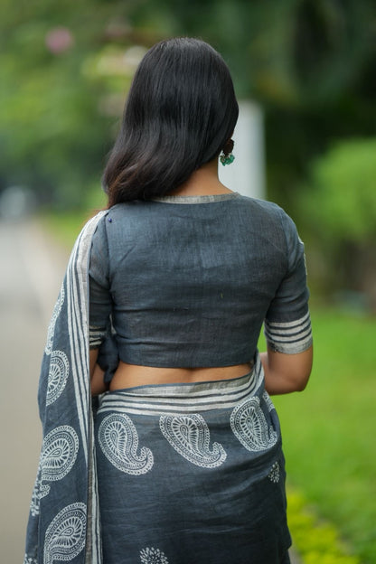 Grey linen floral printed designer saree