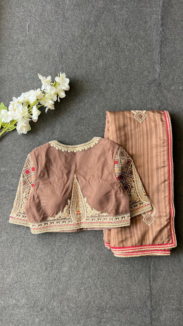 Caramel muslin silk embroidery saree with blouse
