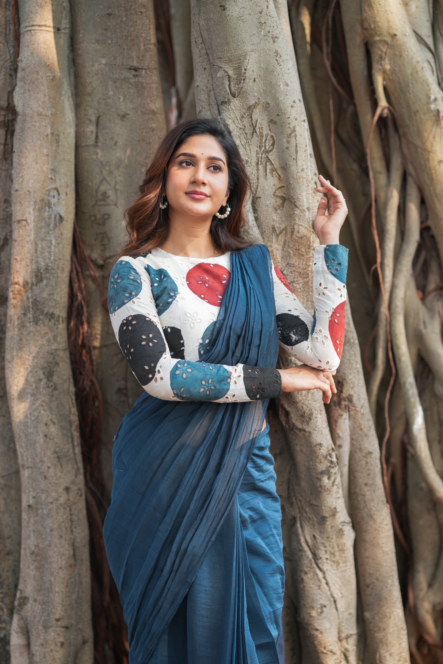 Blue mul chanderi saree with embroidery ajrak blouse