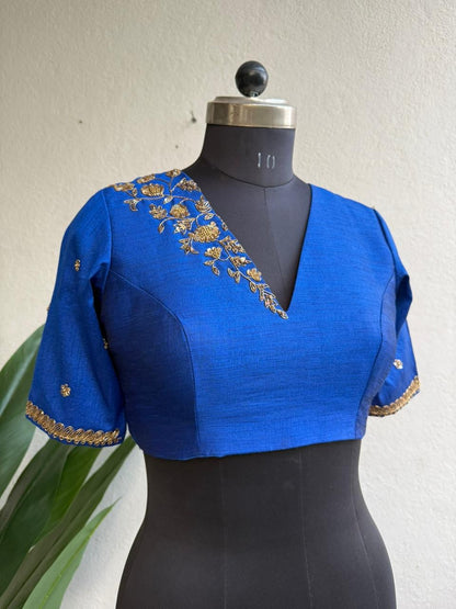 Blue silk shoulder hand worked blouse