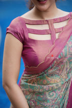 Jade green viscose jute saree with pink tissue blouse