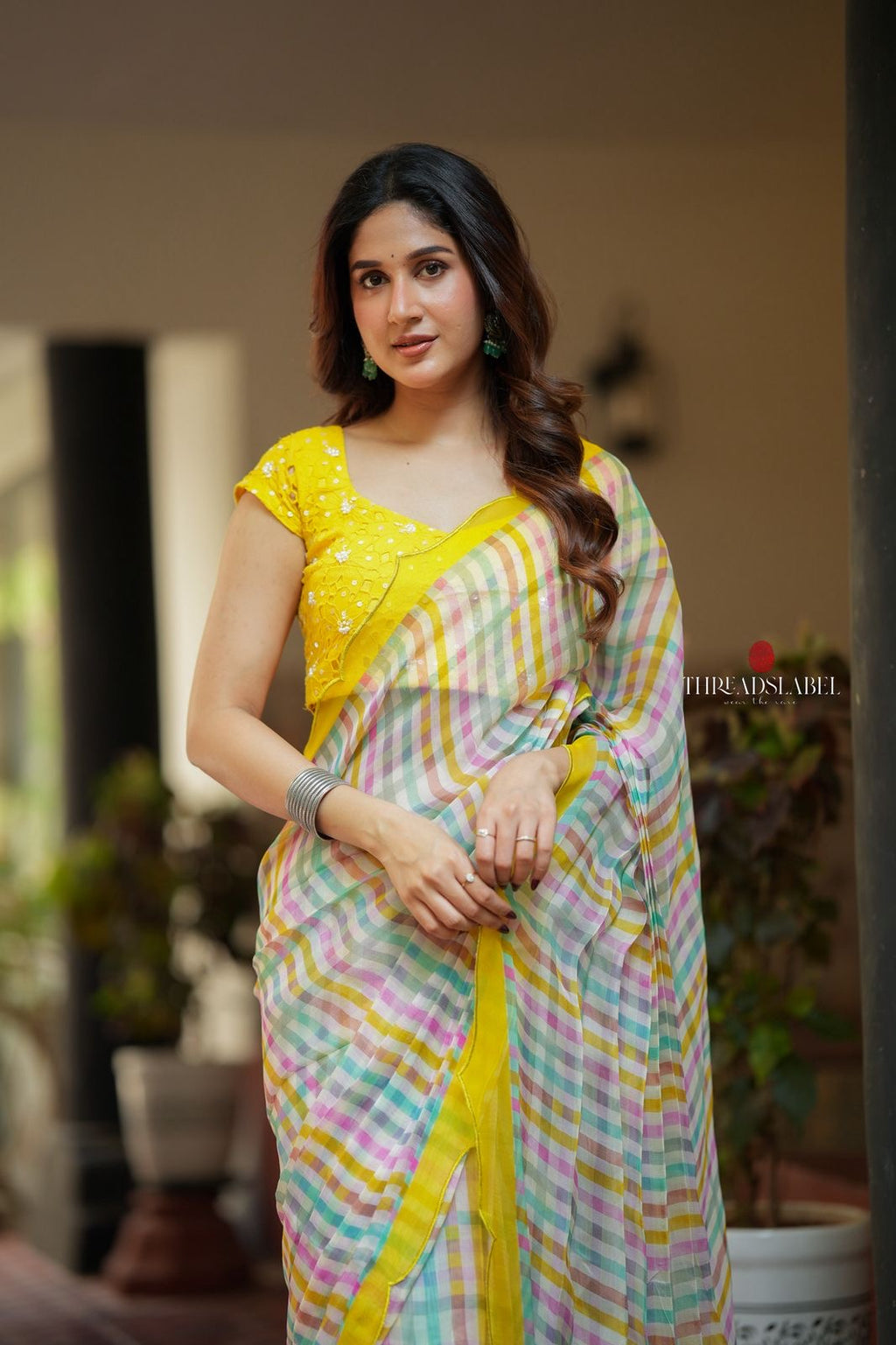 Multi viscose jute saree with hand work blouse